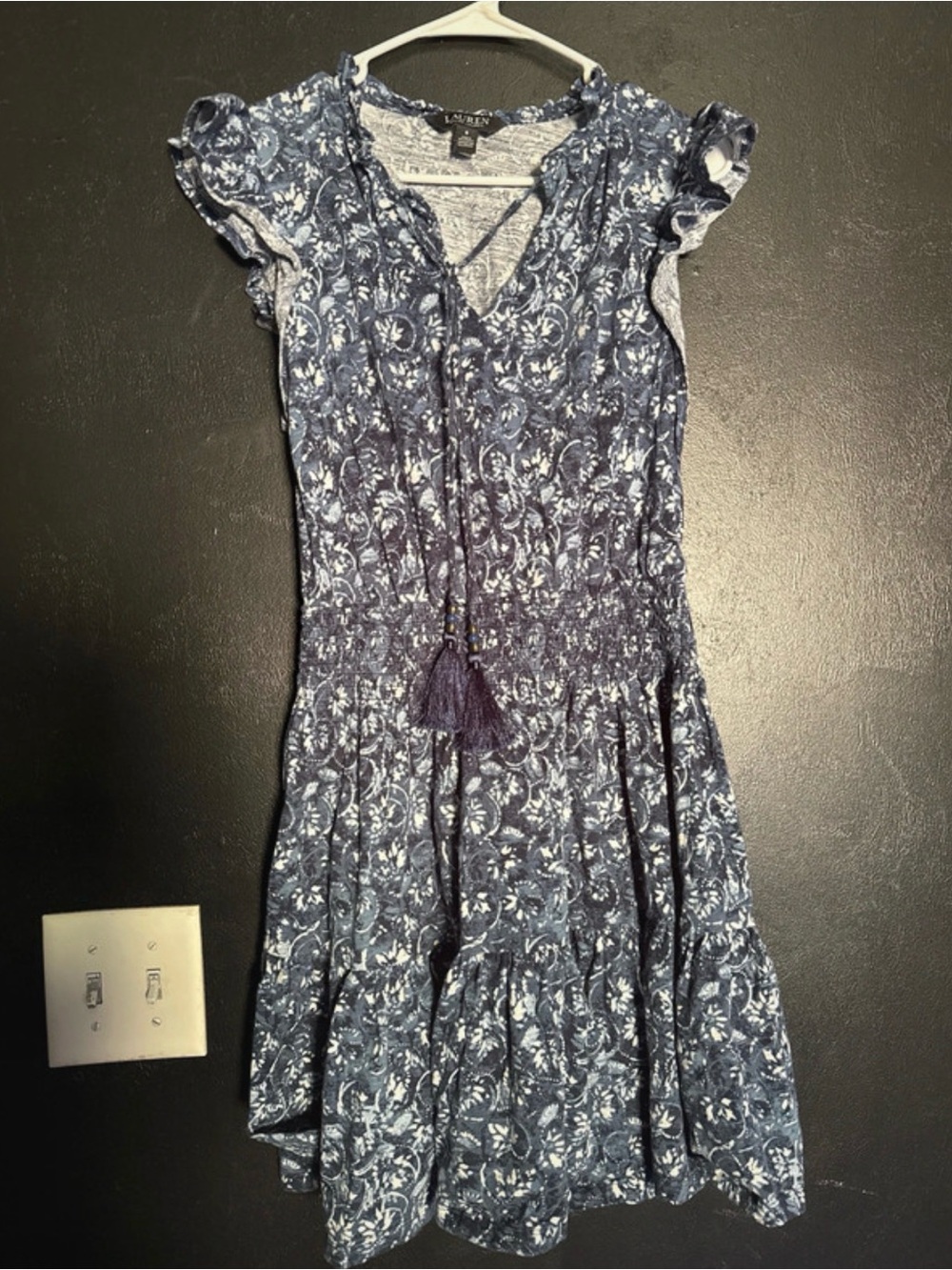 Lauren Ralph Lauren Navy Floral Tassel Smocked Midi Dress